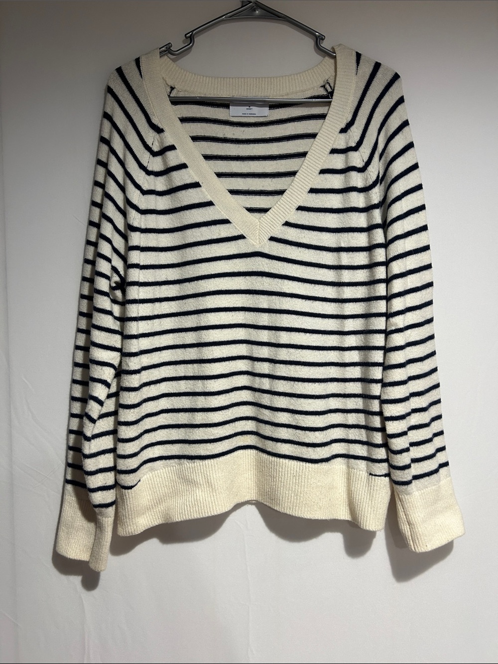 Old Navy Cream and Black Striped V-Neck Pullover
